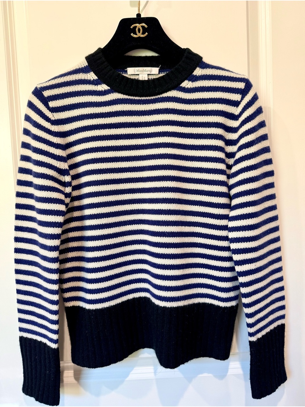 Max Mara striped crewneck sweater In Small; Navy, White, Black; 100% Cashmere
